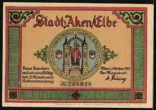 Notgeld Aken /Elbe 1921, 25 Pfennig, Ortsansicht und Wappen