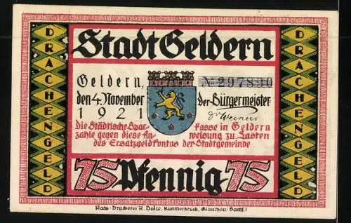 Notgeld Geldern 1921, 75 Pfennig, Werkzeugschleifer und Wappen