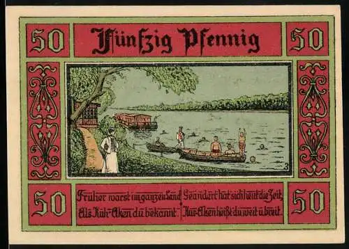 Notgeld Aken /Elbe 1921, 50 Pfennig, Boote und Badende in der Elbe, Wappen