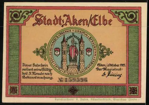 Notgeld Aken /Elbe 1921, 50 Pfennig, Boote und Badende in der Elbe, Wappen