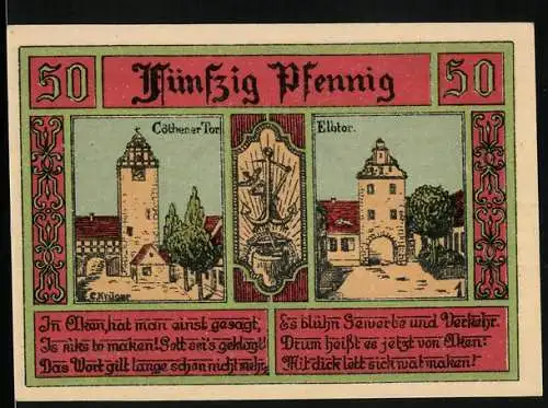 Notgeld Aken /Elbe 1921, 50 Pfennig, Cöthener Tor und Elbtor, Wappen