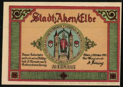 Notgeld Aken /Elbe 1921, 50 Pfennig, Cöthener Tor und Elbtor, Wappen