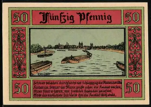 Notgeld Aken /Elbe 1921, 50 Pfennig, Boote in der Elbe mit Blick zur Stadt, Wappen