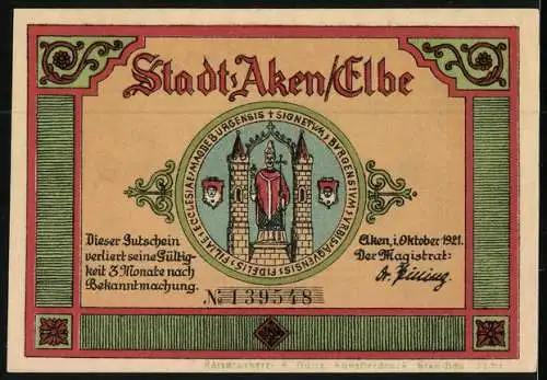 Notgeld Aken /Elbe 1921, 50 Pfennig, Boote in der Elbe mit Blick zur Stadt, Wappen