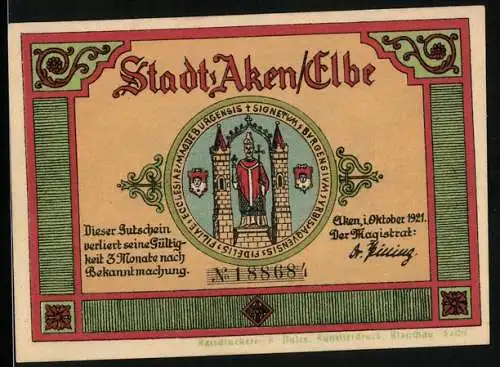 Notgeld Aken /Elbe 1921, 50 Pfennig, Wappen und Rathau