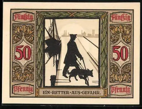 Notgeld Oldenburg 1921, 50 Pfennig, Ein Retter aus Gefahr, Deutscher Führhund für Kriegsblinde