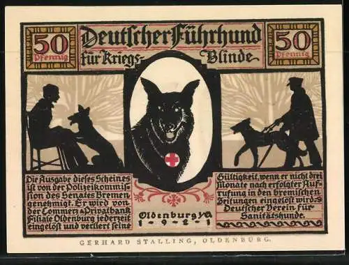 Notgeld Oldenburg 1921, 50 Pfennig, Ein Retter aus Gefahr, Deutscher Führhund für Kriegsblinde