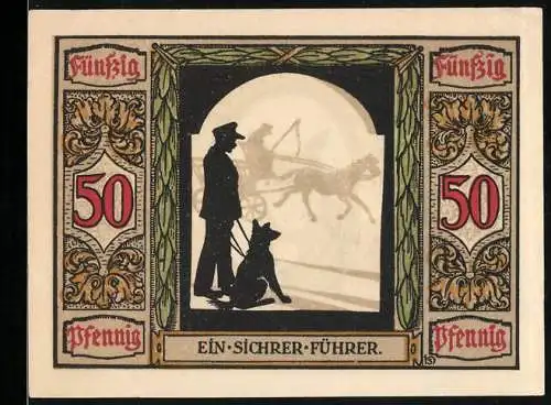 Notgeld Oldenburg 1921, 50 Pfennig, Ein sicherer Führer, Deutscher Führhund für Kriegsblinde
