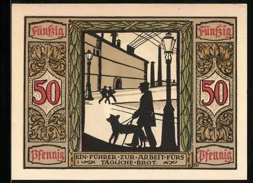 Notgeld Oldenburg 1921, 50 Pfennig, Ein Führer zur Arbeit fürs tägliche Brot, Deutscher Führhund für Kriegsblinde