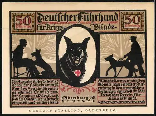 Notgeld Oldenburg 1921, 50 Pfennig, Ein Führer zur Arbeit fürs tägliche Brot, Deutscher Führhund für Kriegsblinde