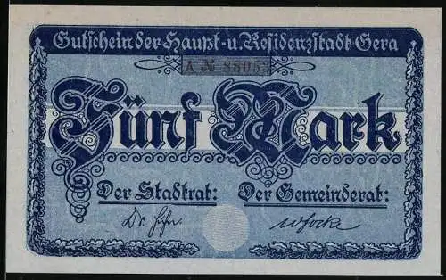 Notgeld Gera 1919, 5 Mark, Rathaus