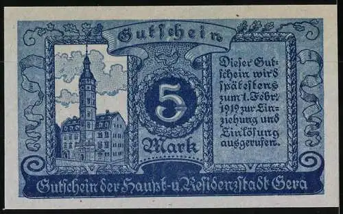 Notgeld Gera 1919, 5 Mark, Rathaus