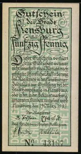 Notgeld Flensburg 1920, 50 Pfennig, Menschen mit Reichsfahnen an der Kirche