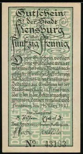 Notgeld Flensburg 1920, 50 Pfennig, Menschen mit Reichsfahnen an der Kirche