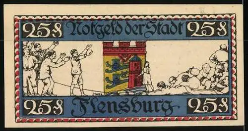 Notgeld Flensburg 1920, 25 Pfennig, Zwei Mannschaften nach dem Tauziehen