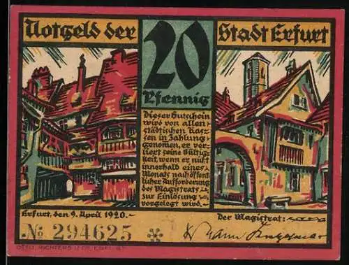 Notgeld Erfurt 1920, 20 Pfennig, Alte Universität u. Michaeliskirche, zwei Ortspartien