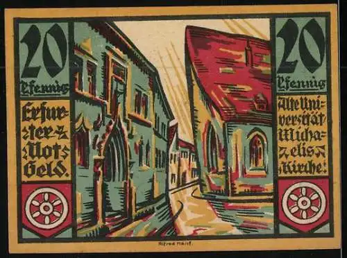 Notgeld Erfurt 1920, 20 Pfennig, Alte Universität u. Michaeliskirche, zwei Ortspartien
