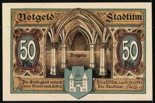 Notgeld Stadtilm 1921, 50 Pfennig, Alte Ilmbrücke und Krypta mit Wappen