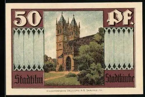 Notgeld Stadtilm 1921, 50 Pfennig, Stadtkirche und Krypta mit Wappen