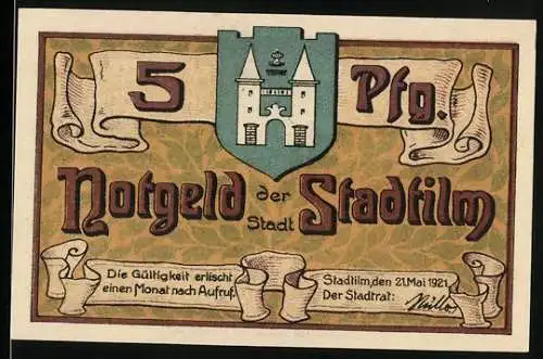 Notgeld Stadtilm 1921, 5 Pfennig, Wappen, Methfessel-Denkmal