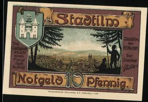 Notgeld Stadtilm 1921, 10 Pfennig, Stadtansicht mit Wappen, Segen ist der Mühe Preis