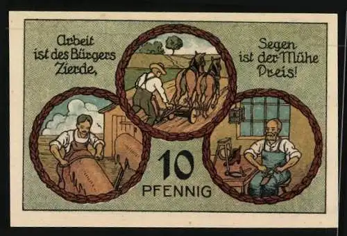 Notgeld Stadtilm 1921, 10 Pfennig, Stadtansicht mit Wappen, Segen ist der Mühe Preis