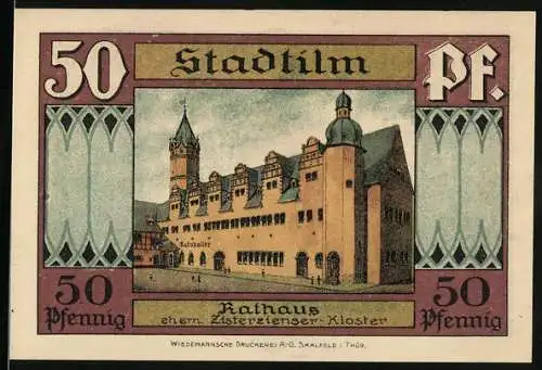 Notgeld Stadtilm 1921, 50 Pfennig, Rathaus (ehem. Zisterzienter-Kloster) und Krypta mit Wappen