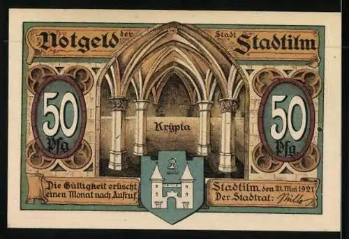 Notgeld Stadtilm 1921, 50 Pfennig, Rathaus (ehem. Zisterzienter-Kloster) und Krypta mit Wappen