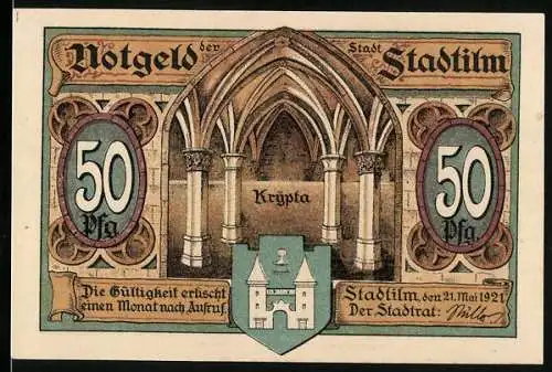 Notgeld Stadtilm 1921, 50 Pfennig, Krypta mit Wappen, Befestigungsturm der Stadtmauer