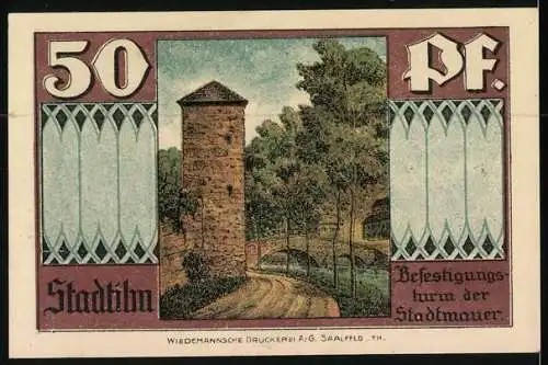 Notgeld Stadtilm 1921, 50 Pfennig, Krypta mit Wappen, Befestigungsturm der Stadtmauer