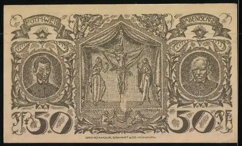 Notgeld Oberammergau 1921, 50 Pfennig, Ortsansicht und Kruzifix mit Portraits von P. Otm. Weiss und Aisenberger