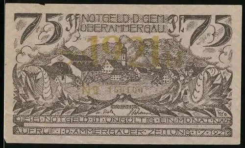 Notgeld Oberammergau 1921, 75 Pfennig, Ortsansicht mit Kirche, Kreuz