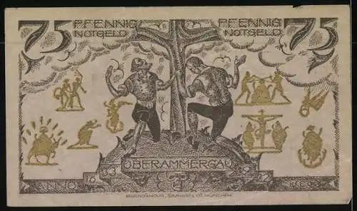 Notgeld Oberammergau 1921, 75 Pfennig, Ortsansicht mit Kirche, Kreuz