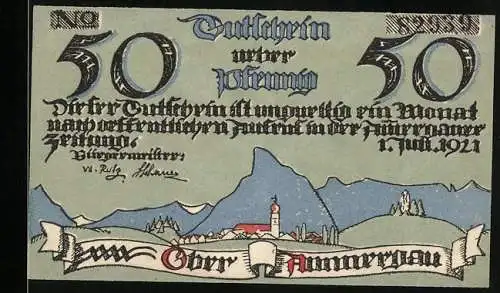 Notgeld Oberammergau 1921, 50 Pfennig, Ortsansicht, Baum