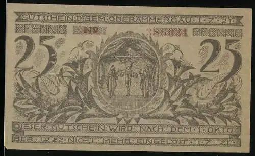 Notgeld Oberammergau 1922, 25 Pfennig, Kreuzigung, Kirchturm der Ortschaft