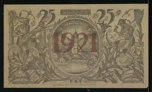 Notgeld Oberammergau 1922, 25 Pfennig, Kreuzigung, Kirchturm der Ortschaft
