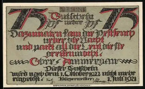 Notgeld Oberammergau 1921, 75 Pfennig, Der Tod über der Ortschaft