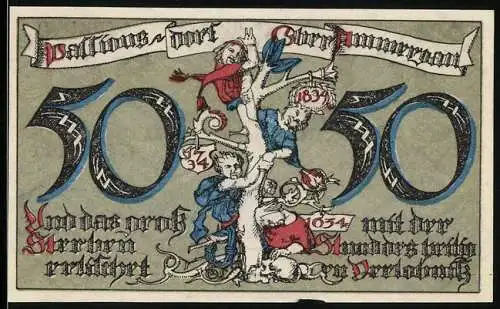 Notgeld Oberammergau 1921, 50 Pfennig, Gestalten auf einem Baum, Ortsansicht