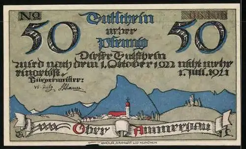 Notgeld Oberammergau 1921, 50 Pfennig, Gestalten auf einem Baum, Ortsansicht