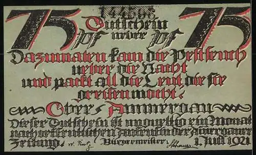 Notgeld Oberammergau 1921, 75 Pfennig, Der Tod über der Ortschaft