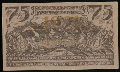 Notgeld Oberammergau 1921, 75 Pfennig, Ortsansicht mit Kirche, Kreuz