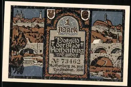 Notgeld Rothenburg o. T. 1921, 1 Mark, Ortsansichten und Statuen
