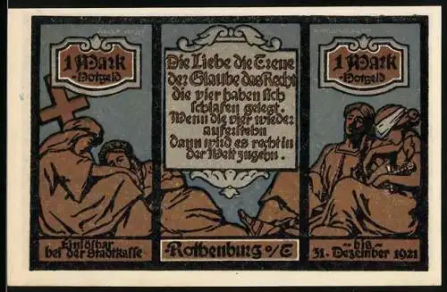 Notgeld Rothenburg o. T. 1921, 1 Mark, Ortsansichten und Statuen