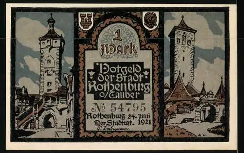 Notgeld Rothenburg o. T. 1921, 1 Mark, Ortsansichten und Statuen