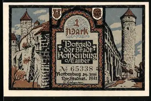 Notgeld Rothenburg o. T. 1921, 1 Mark, Ortsansichten und Statuen