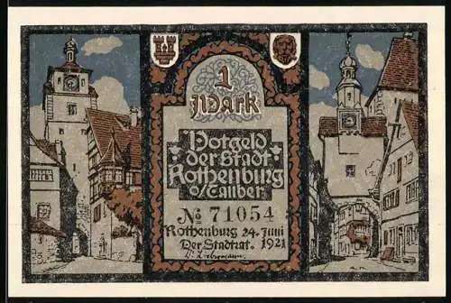 Notgeld Rothenburg o. T. 1921, 1 Mark, Ortsansichten und Statuen