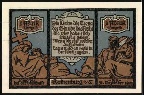 Notgeld Rothenburg o. T. 1921, 1 Mark, Ortsansichten und Statuen