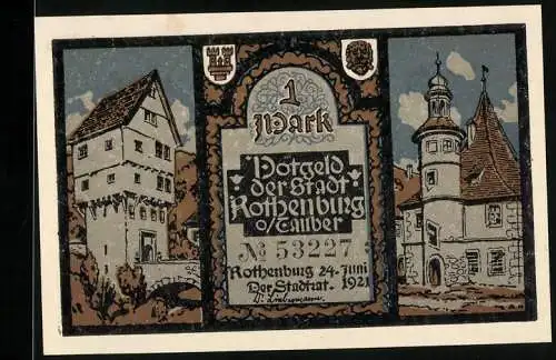 Notgeld Rothenburg o. T. 1921, 1 Mark, Ortsansichten und Statuen