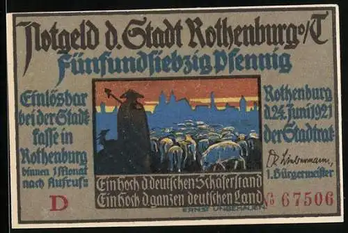 Notgeld Rothenburg o. d. T. 1921, 75 Pfennig, Der historische Schäfertanz, Schafsherde