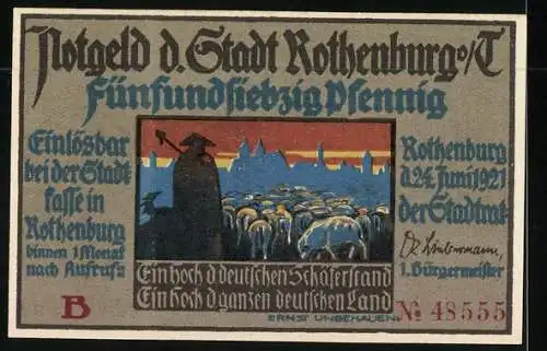 Notgeld Rothenburg o. d. T. 1921, 75 Pfennig, Der Ober-Schäfer, Schafsherde